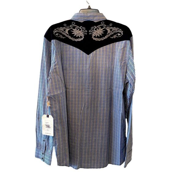 Moon shine plaid blue white black plaid pockets covered snaps embroidery - Picture 2 of 6